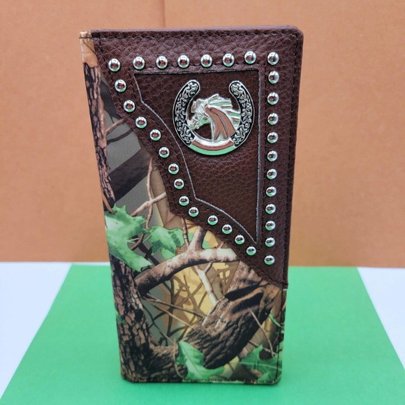 Horse Western Wallet Bifold Style patchwork studded camouflage green & brown